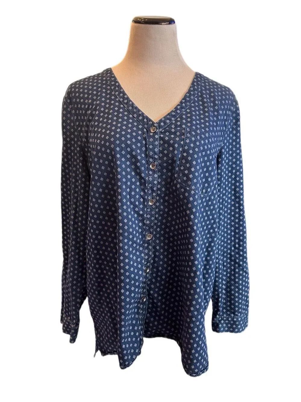 J. Jill V-Neck Geometric Print Button Down Top Sz XL